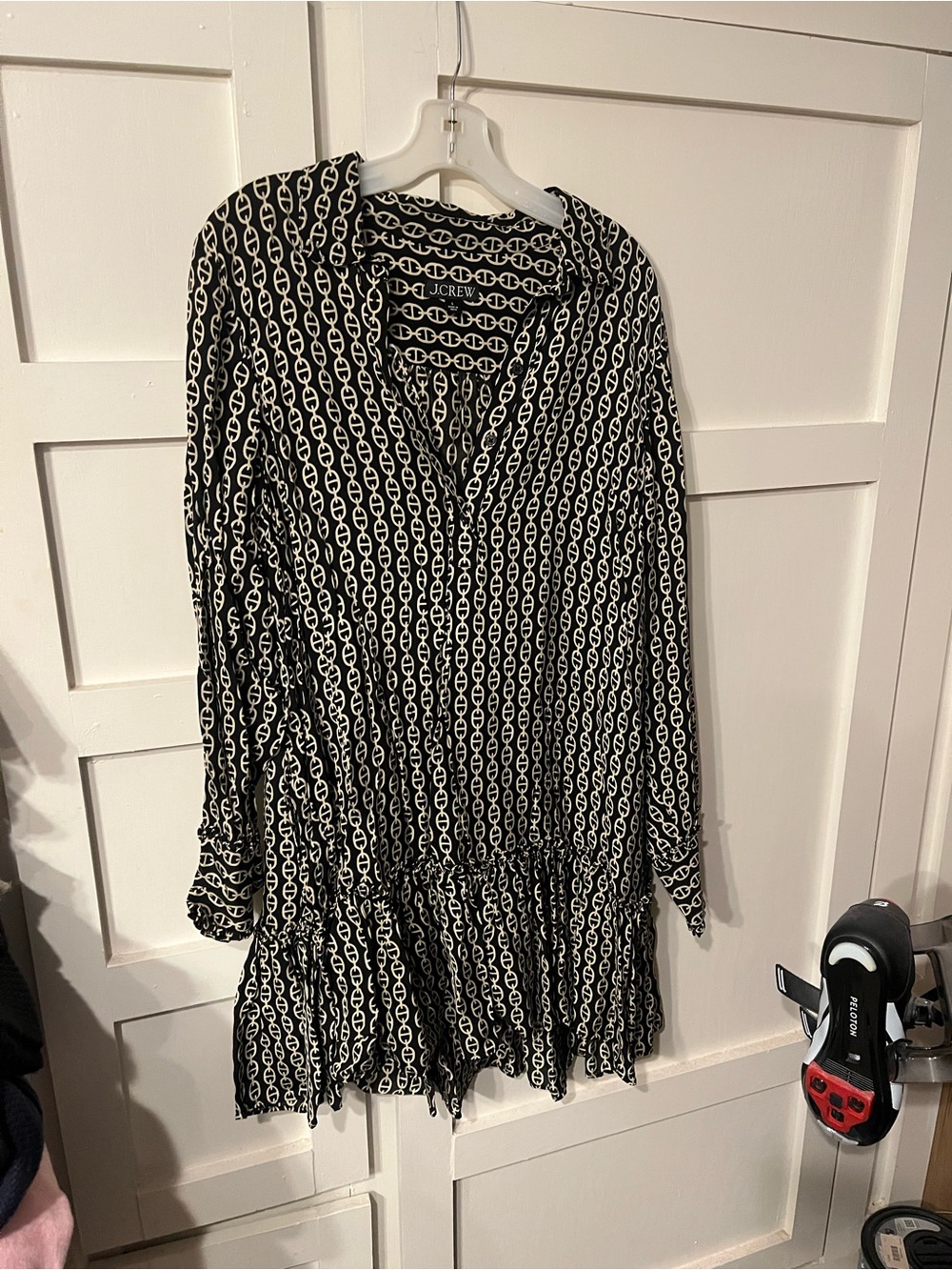 J. Crew Black & White Chain-Print Long Sleeve Tiered Dress